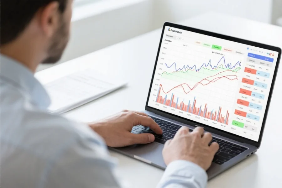 一位分析师正在用笔记本电脑分析澳洲幸运5的走势图，屏幕上有多条数据曲线和统计表格，环境明亮专业