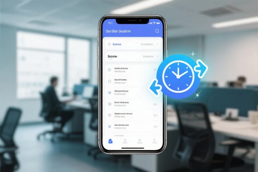 现代风格的手机屏幕上显示着实时同步的数据列表,旁边有时钟和闪烁的同步图标,背景为办公室工作场景